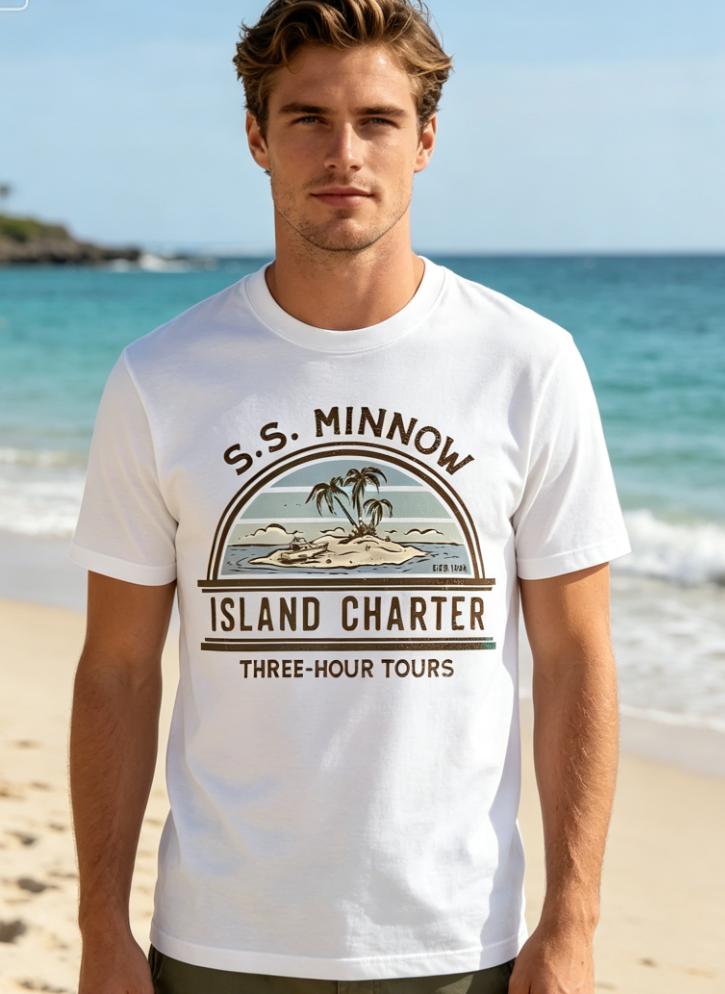 Vintage SS MINNOW Island Rental Pattern Unisexs Tshirt with ThreeHour Tour ESTD 1964 Retro Desert Island Casual Crew Neck