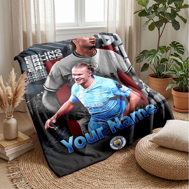 Erling Haaland Custom Name Text Flannel Blanket Soccer Logo Personalized Fleece Throw Blanket Special Gift For Sofa Bedroom Home