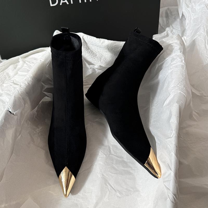Dameslaarzen Luxe Puntige Platte Schoenen Suède Schoenen voor Vrouw Elegante Winter Chelsea Korte Laarzen Nieuw Jurk Mujer Botas 37