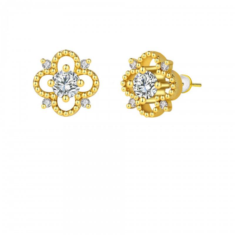 Gold Plated Clover Stud Earrings With Cubic Zirconia Women Post Hypoallergenic Fashion Jewelry Gold - Four-Leaf Clover