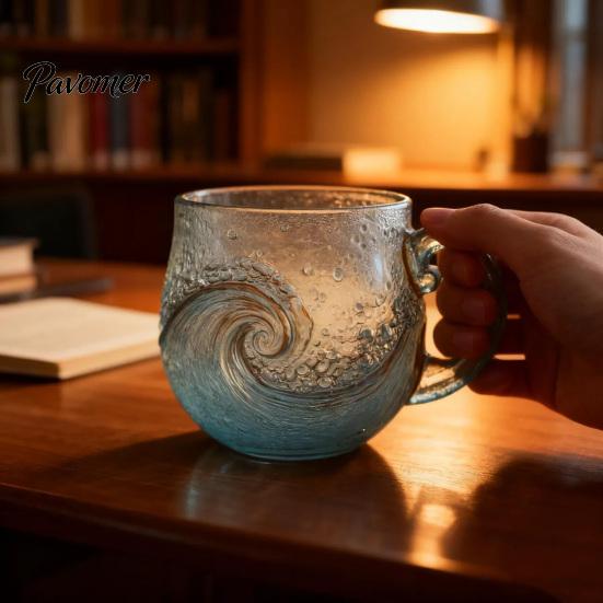 Non-slip Handle Cup Sea Glass Sunset Mug Thickened with Wave Texture Gradient Color Drinking Water Non-Slip Glassware for Coffee Juice Iced