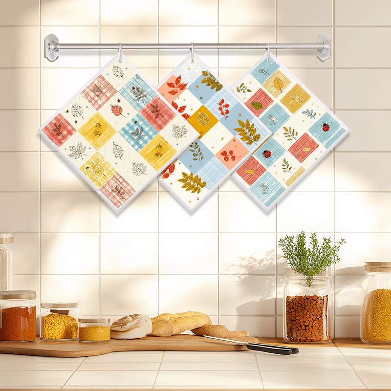 Cleaning Cloth Reusable Kitchen Dish Towels Eco-friendly Microfiber Marple Leaves Plaid Print Dishcloths Lint Free Washable Duster Rags Tea Towels