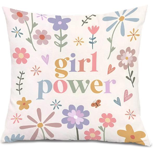 Girl Power Boho Floral Throw Pillow Covers, 18x18, Boho Girls Room Decor, Female Empowerment Gifts, Machine Washable, Pink, Floral розовый
