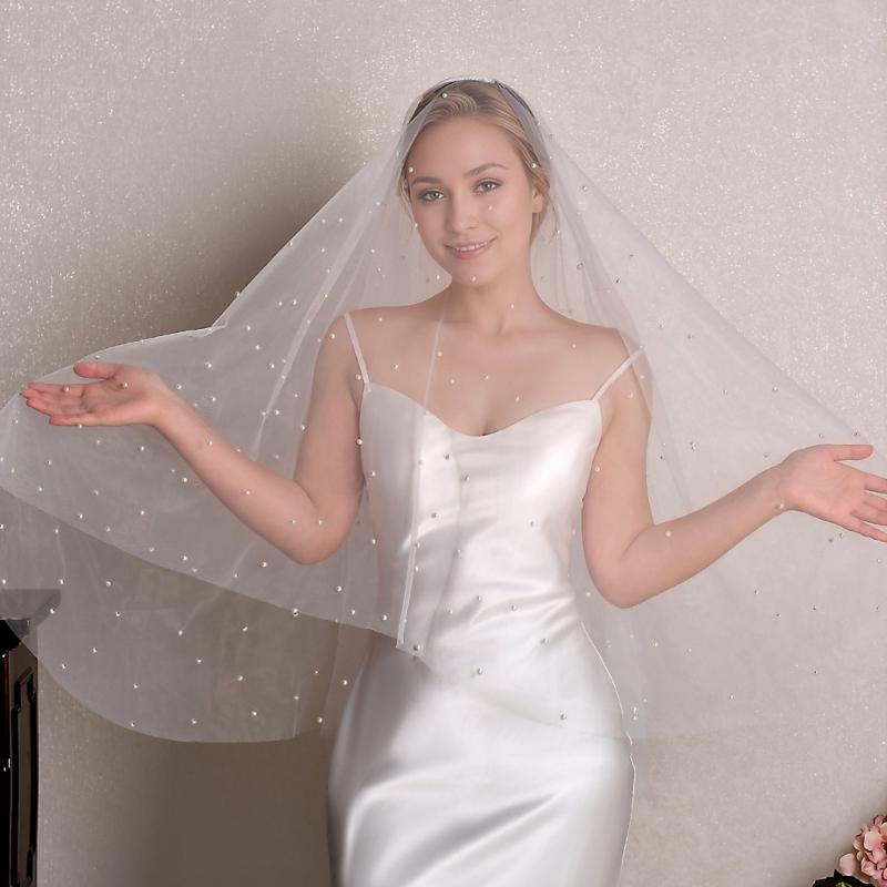 Luxurious Double Layer Bridal Veils Airy Sheer Hair Accessory For Wedding Pearls Adorned Headpiece Classical Design