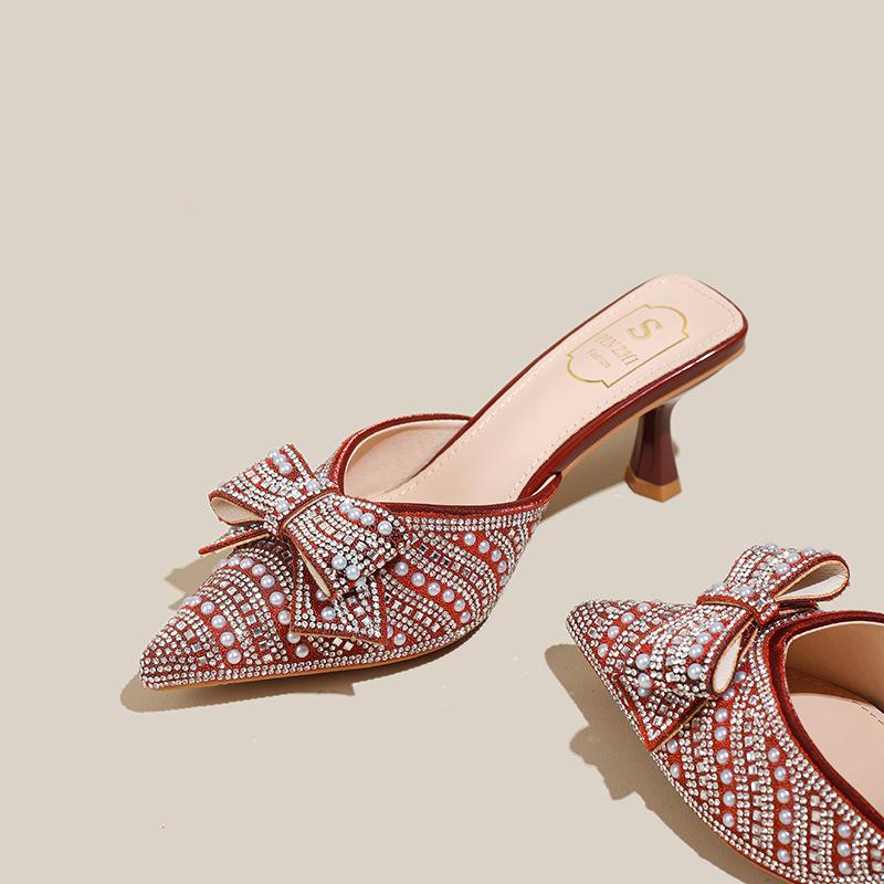 

Полностью бриллиантовая атласная сумка голова полушлепанцы женственный простой темперамент легкий рот тонкий каблук не устают босоножки на высоком каблуке большой размер 43 39 бордовый