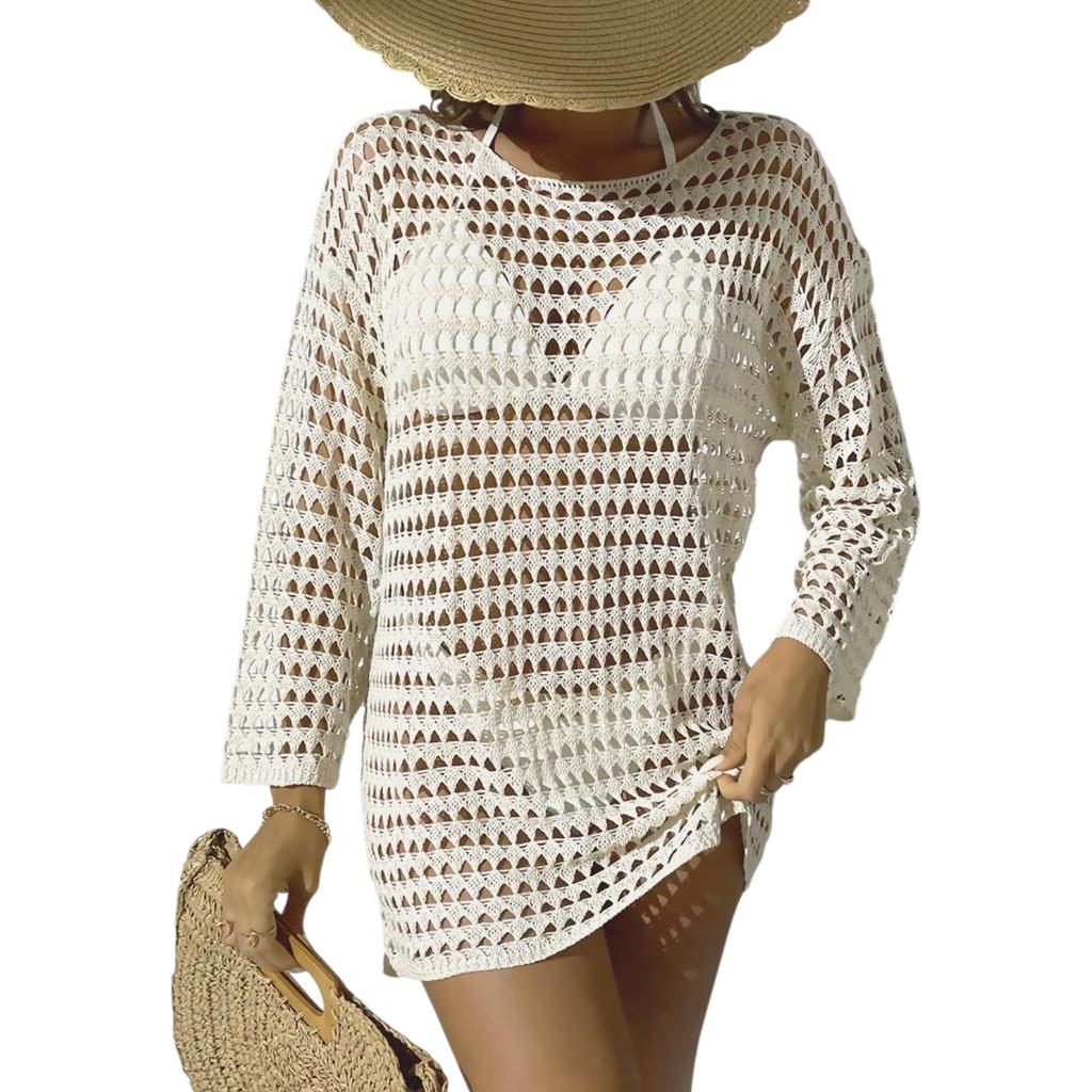 Women's Summer Knit Hollow Out Pullover Round Neck Long Sleeve Bikini Cover Up Beachwear Swimwear Dress