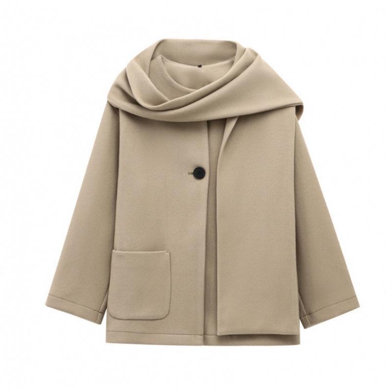 

European Fashion Round Neck Solid Color Short Jacket with Scarf Medium абрикосовий