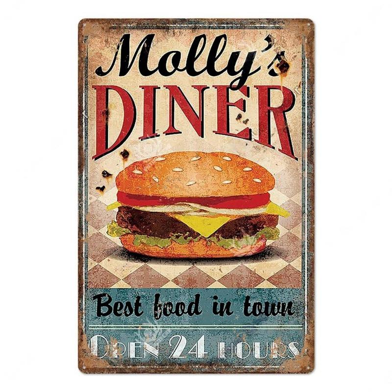 Metal Tin Poster Fast Food Vintage Tin Sign Plaque Metal Retro Plate Hot Dog Poster Wall Decor for Kitchen Cafe Diner Bar