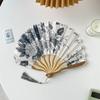 Chinese Retro Flower Ink Painting Style Pattern Women Silk-cloth Folding Fan Traditional Art Curved Bone Dance Fan with Tassel