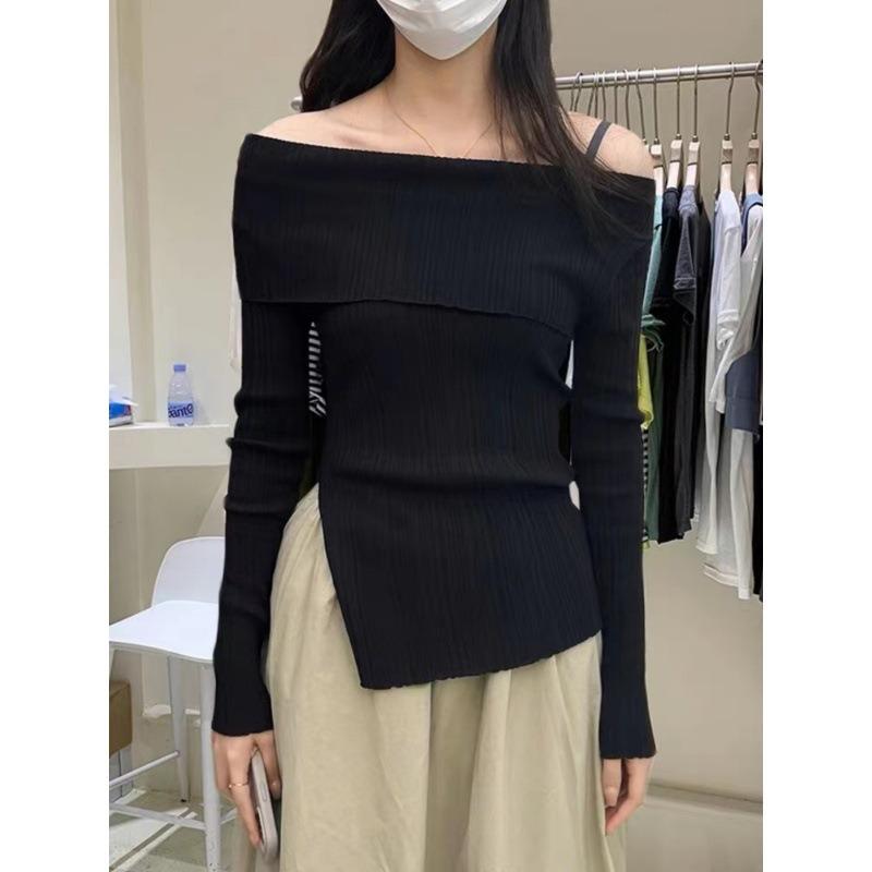 Autumn retro one-word shoulder pullover shows thin split irregular new thin casual knitted sweater top women