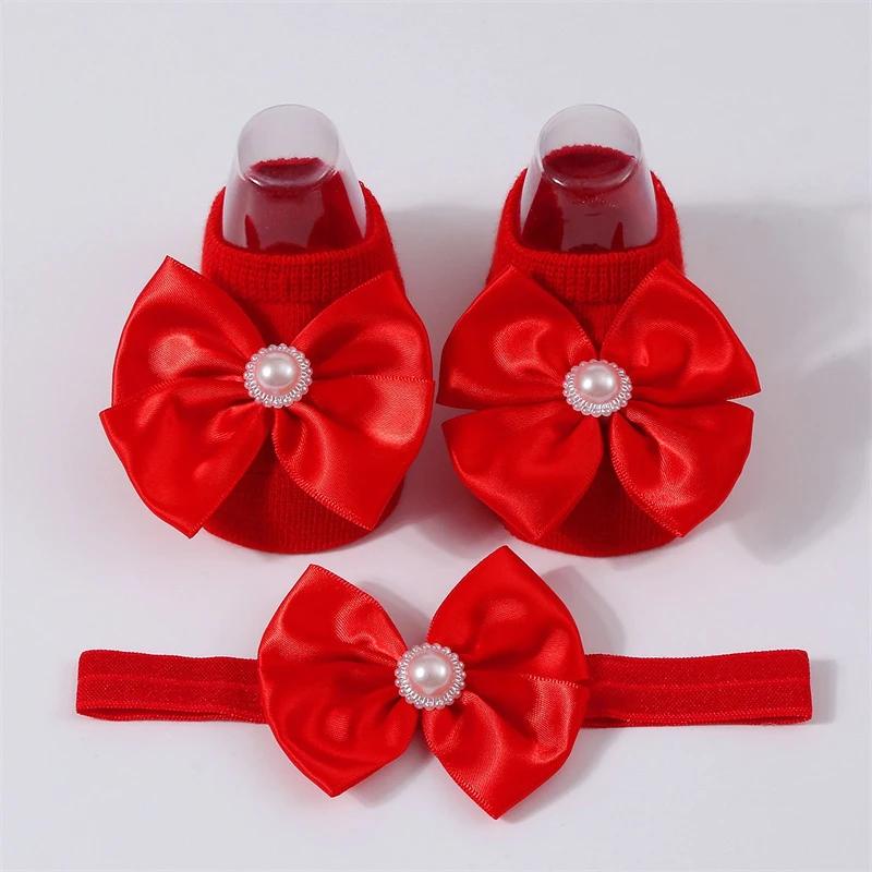 Baby Pearl Bow Solid Color Floor Socks Newborn Infant Knitted Breathable Socks Sweet Cute Girls Princess Children Birthday Gifts