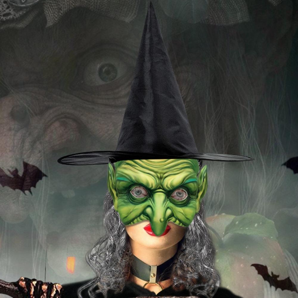 Spider Web Halloween Horror Witch Mask Green Demon Mask Makeup Witch Wig Hat Mask Set  Men
