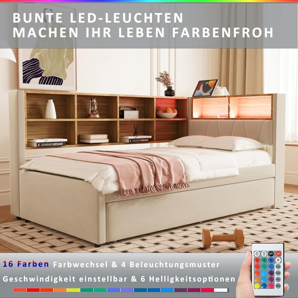 Schlafsofa 90 x 200 cm, mit Ausziehbett 90 x 190 cm, Schlafcouch Ausziehbar mit LED Leuchten und Ablagefächern, Flanell, Beige (Ohne Matratze)