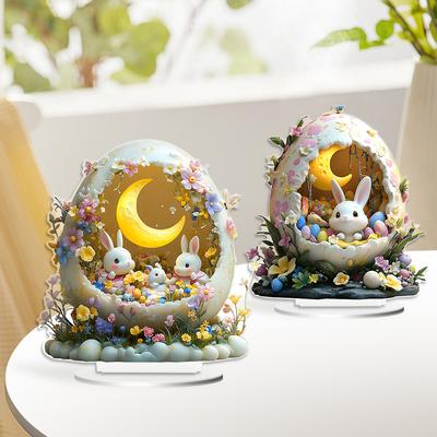Pascua, Conejito Lindo, 2D, Acrílico, Estrellas y Luna, Cáscara de Huevo, Decoración de Escritorio para el Hogar, Adornos