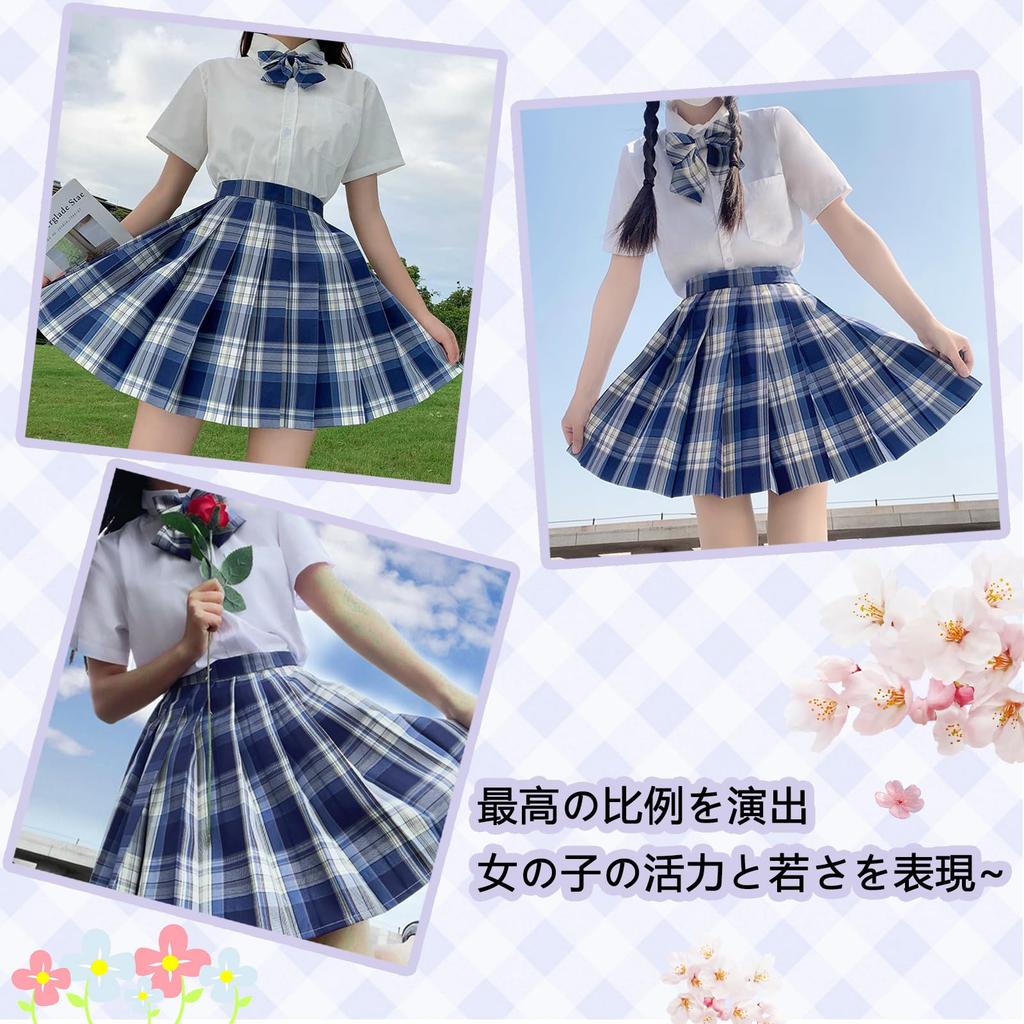 Sailor Uniform Set with Pleated Skirt and Checkered Skirt for High School Halloween Short Long and 4-Piece Girls, Costume, Sleeves, Sleeves, Shirt,