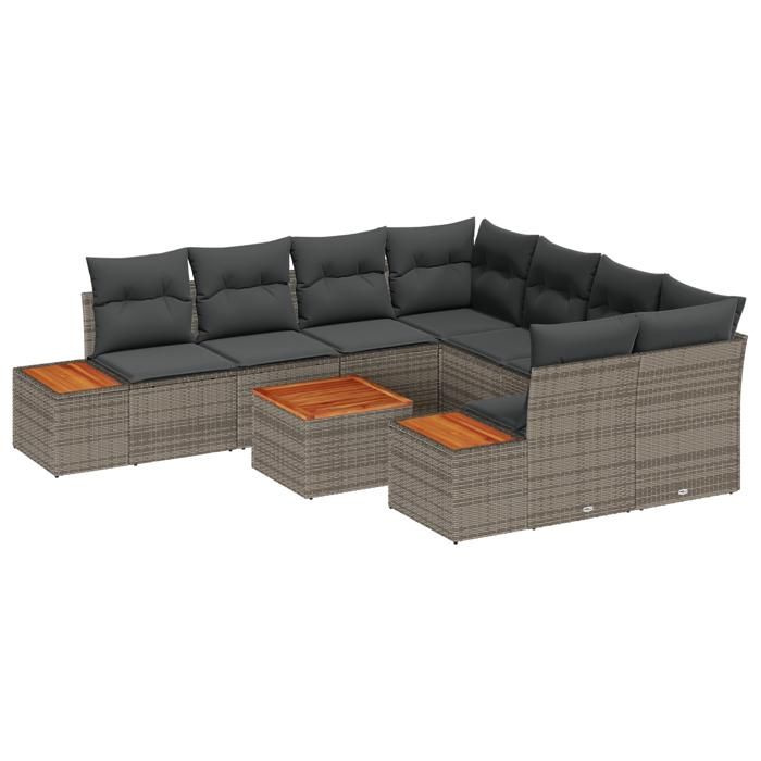 VidaXL Ensemble de canapé de jardin 9 pièces avec coussins en poly rotin gris et acacia 3348055