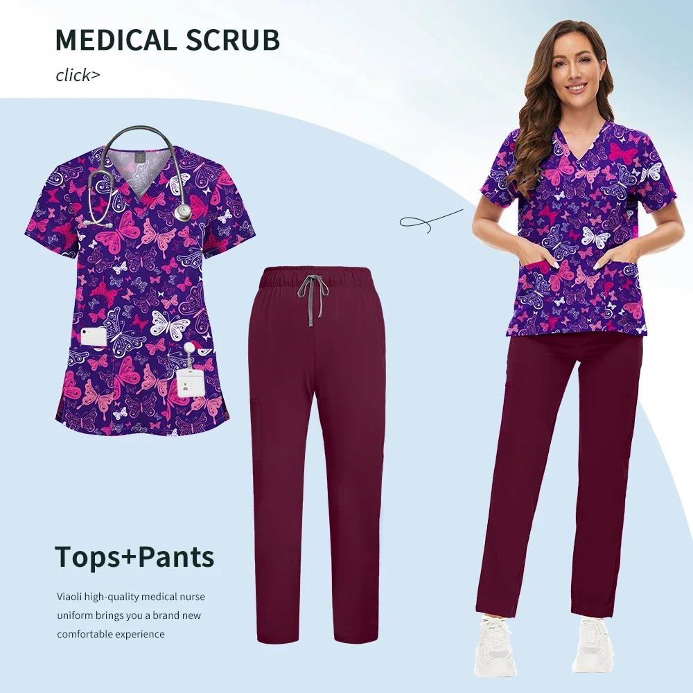 Printed Scrub Uniform Set V Neck Short Sleeves Pockets Top Medical Soft Scrub Pants Sets Nurse Surgical Uniforms Woman