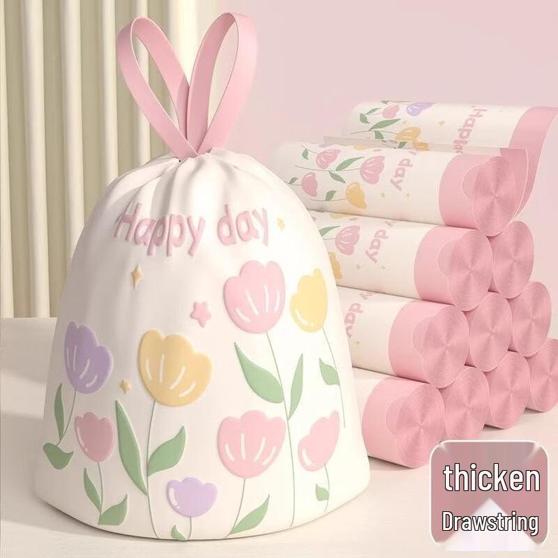 Jiemengzhe Tulip Thickened Drawstring Trash Bags, 5 Rolls