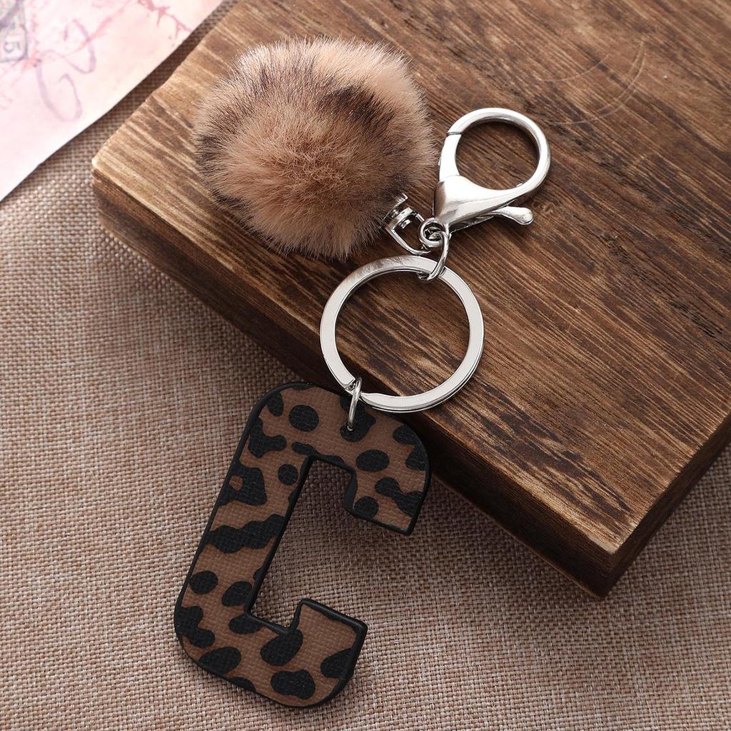 Western Cowboy Leopard Print Leather Keychain with Acrylic Letter and Plush Ball Accessories