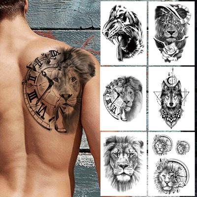 Busolă leu tatuaj temporar pentru bărbați, femei, adulți, geometrie, lup, lună, tatuaje, autocolant, diavol, animal, floare, tatuaje false negre, spate