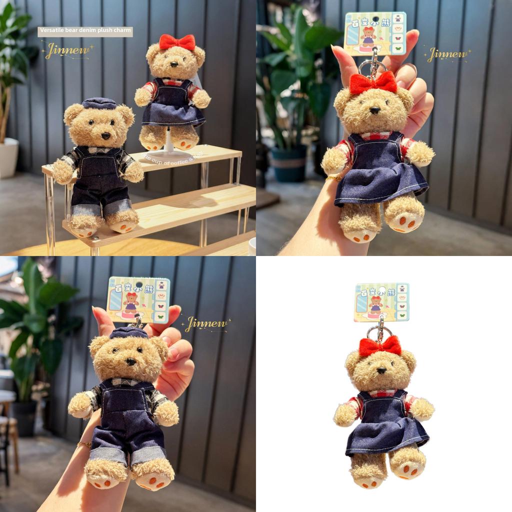 Cuter Bear Plush Keyring With Denim Overalls And Dress Decor For Kids And Teens