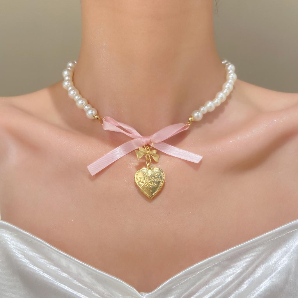 Cute Romantic Pink Bowknot Pearl Beaded Heart Crystal Cross Pendant Necklace for Women Charm Sexy Y2K Collar Jewelry Accessory