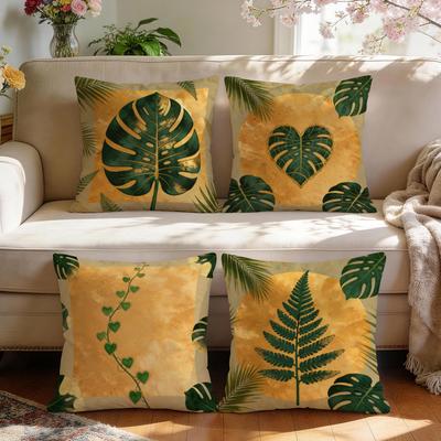 4 Pcs Gold Foil Tropical Leaves Single-Sided Printed Pillowcase Cushion Cover,Suitable For Living Room,Bedroom,Car Decoration