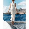 Summer Women Clothes Holiday Style Sleeveless Round Neck Belt Jacquard Mesh Knitted Midi Dress 0244003