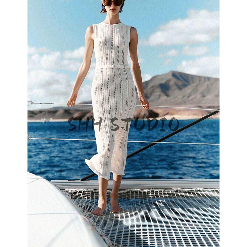 Summer Women Clothes Holiday Style Sleeveless Round Neck Belt Jacquard Mesh Knitted Midi Dress 0244003