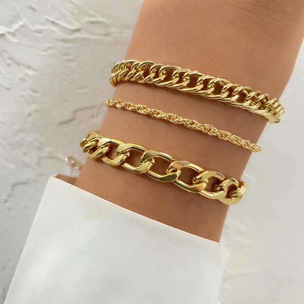 3PCS Fashion Thick Chain Link Bracelets for Women Vintage Snake Chain Gold Color Silver Color Bangles Bracelets Set Punk Jewelry