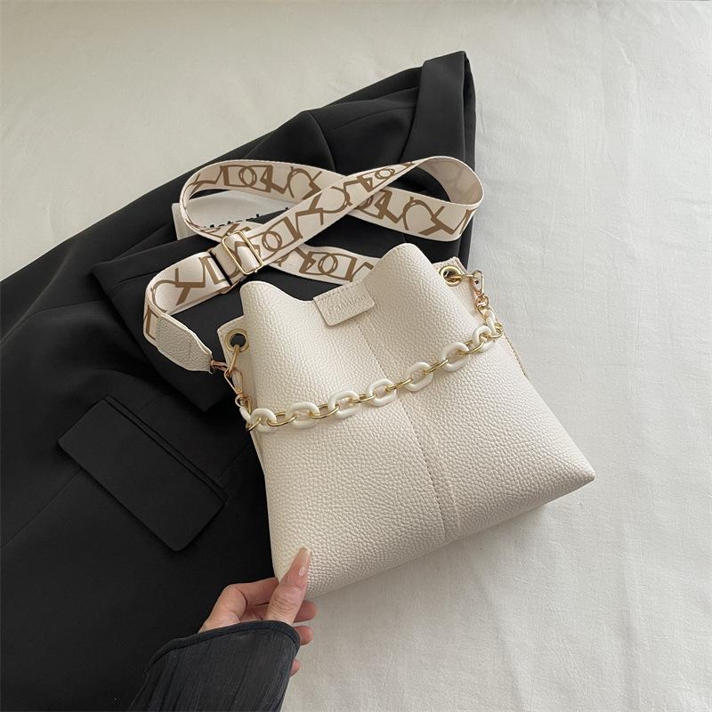 Faux Leather Bucket Bag for Women, Trendy Chain Shoulder Purse, Minimalist Crossbody Handbag KTB