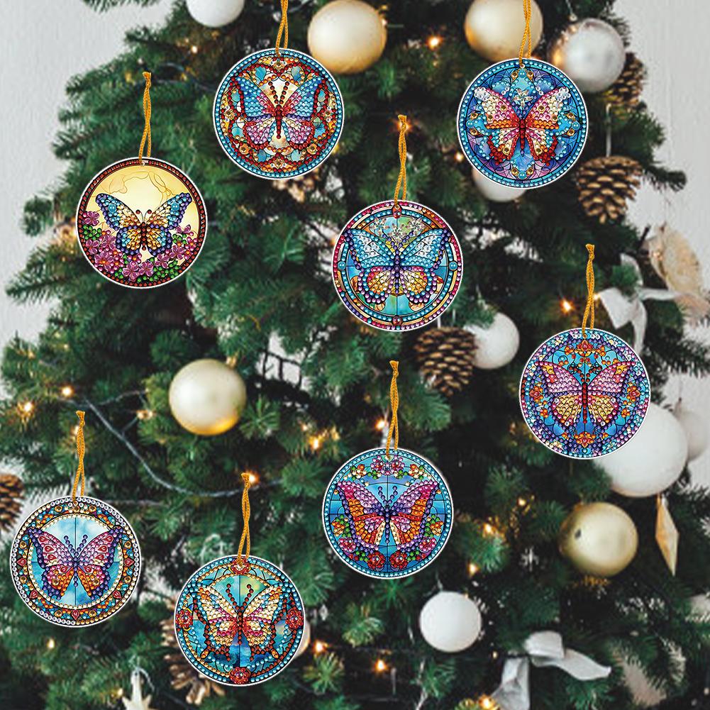 8 PCS Crystal Hanging Home Wall Decor Graceful Butterfly Acrylic Christmas Tree Single-Sided Wreath Elk for Xmas Tree Wall Decor