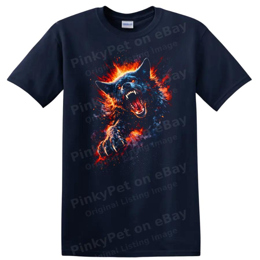 Furious Blue Wolf Animal Graphic T Shirt Art Fire Claw Roar Fury Tee