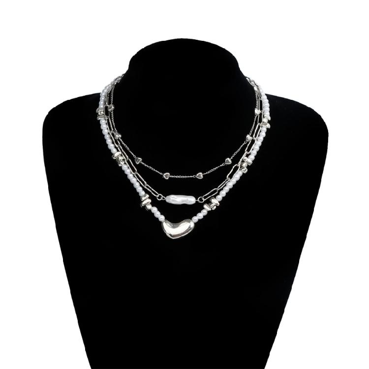 Unique Asymmetrical Heart Designs Faux Pearls Accent Necklace Alloy Material Lightweight Jewelry Gift For Her