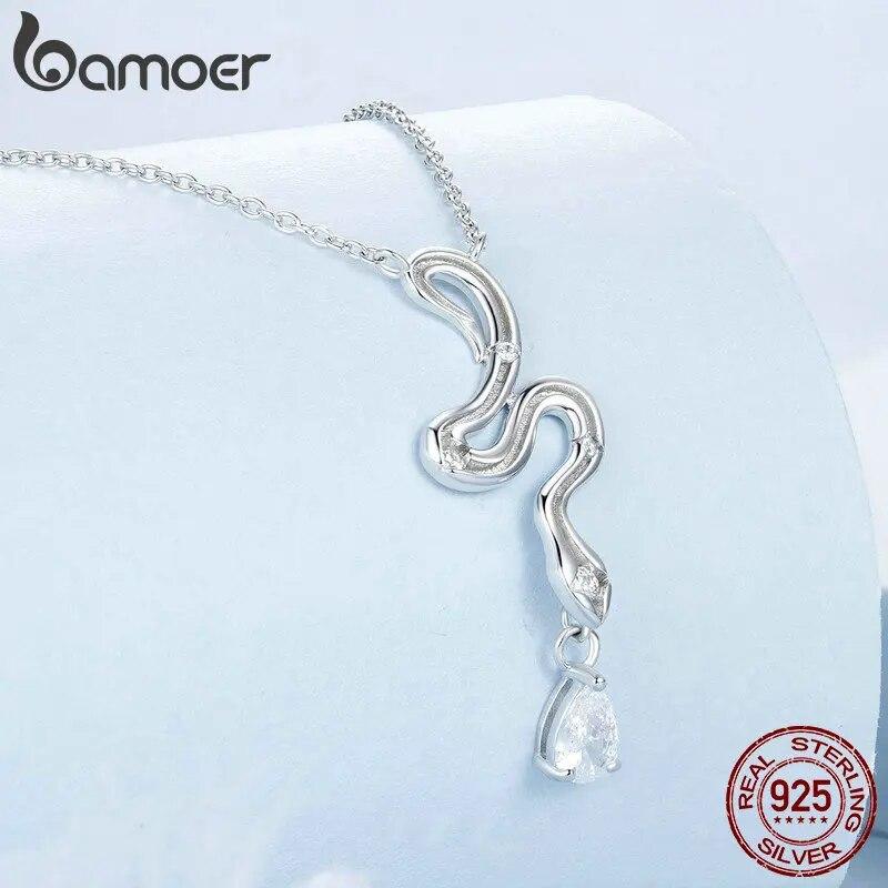 BAMOER 925 Sterling Silver Snake Pendant Necklace Pave Setting CZ for Women Adjustable Chain Link Fine Jewelry Party Gift