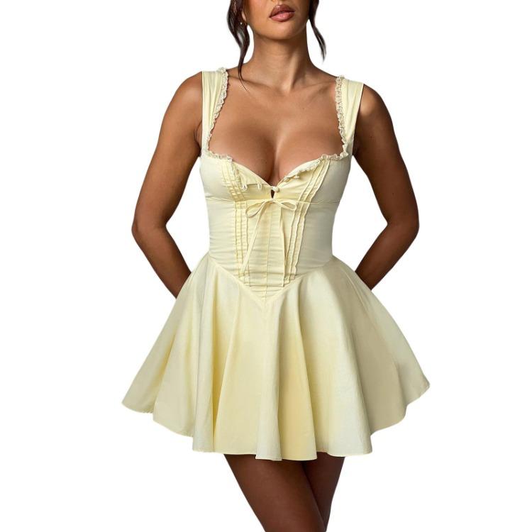 Tief ausgeschnittenes rückenfreies Mini-Korsettkleid für Damen mit Rüschensaum, ärmellos, A-Linie, Party-Club-Kleid