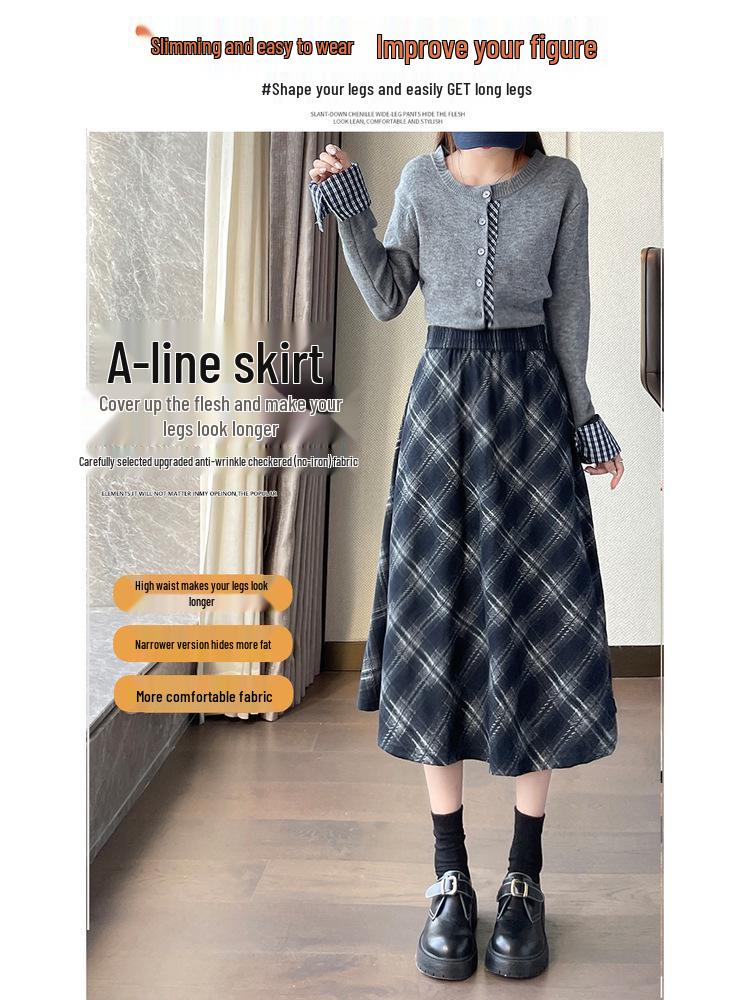 New Autumn/Winter Plus-Size Plaid Wool A-Line Midi Skirt for Women with Slimming Wide Hem