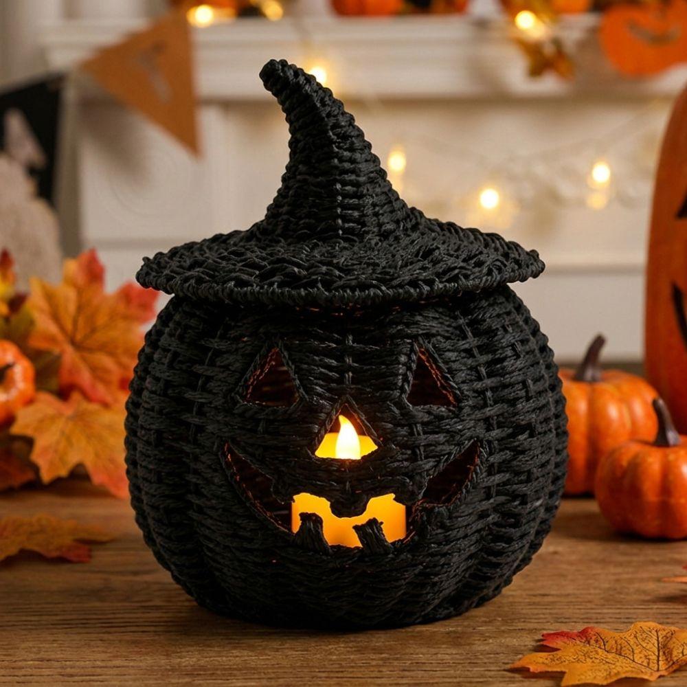 Vintage Resin Pumpkin Lantern with Witch Hat Pumpkin Candle Holder Living Room Use