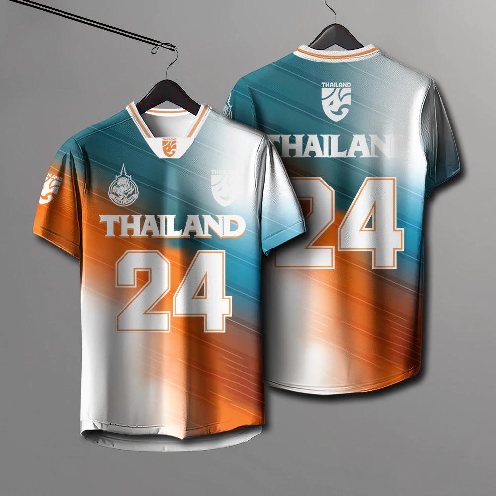 THAILAND Football Soccer V Neck Color Vintage Shirt National Elephant Logo Badge Unisex Men Women JERSEY Print Quick Dry Short Sleeve Uniform
