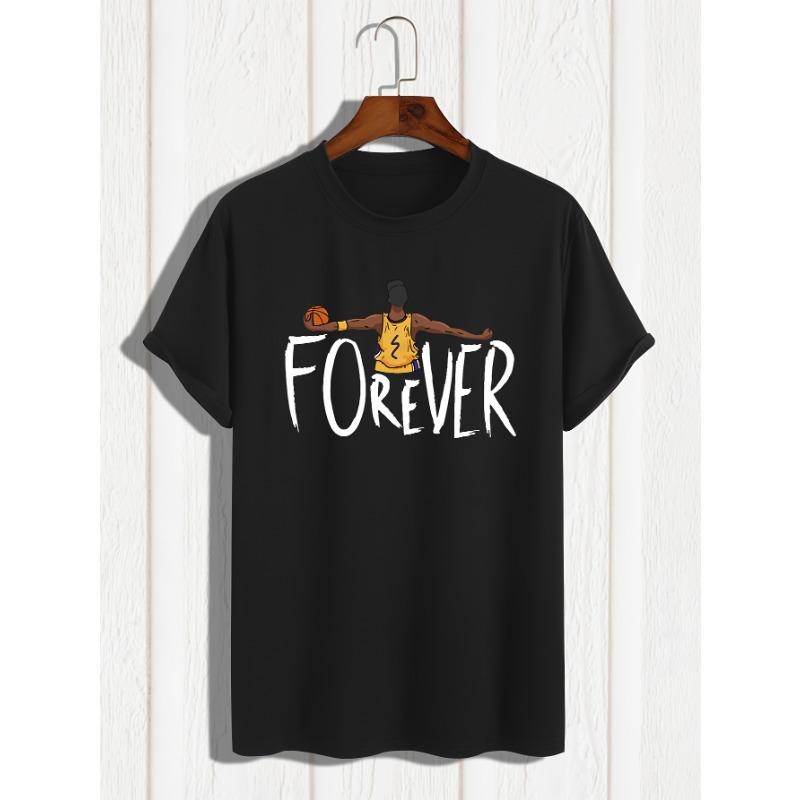 European Size Men's Forever Basketball Graphic T-Shirt, Casual Crew Neck Short Sleeve, Street Style Summer Top