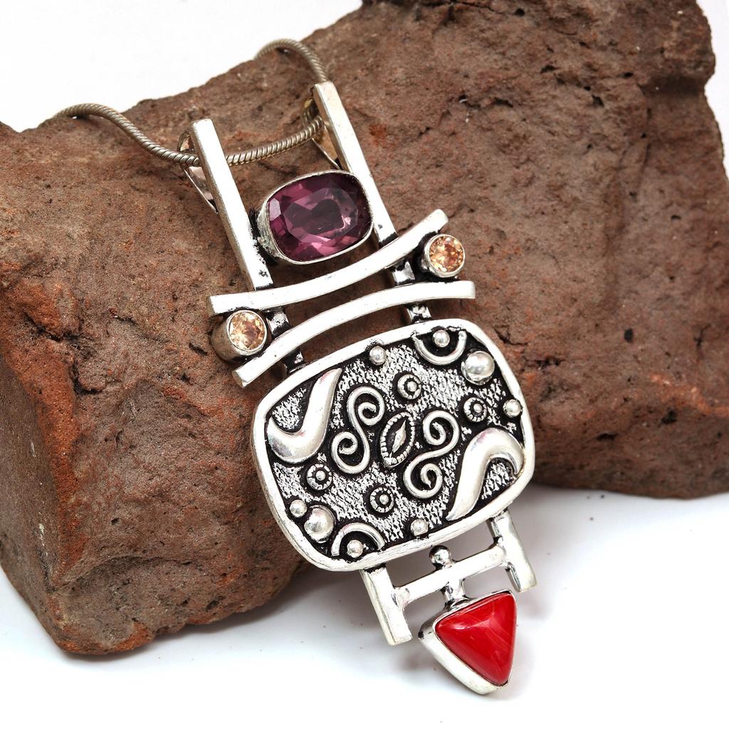 Rhodonite CoralGemstone Mother's Day Handmade Silver Jewelry Pendant  3.25"