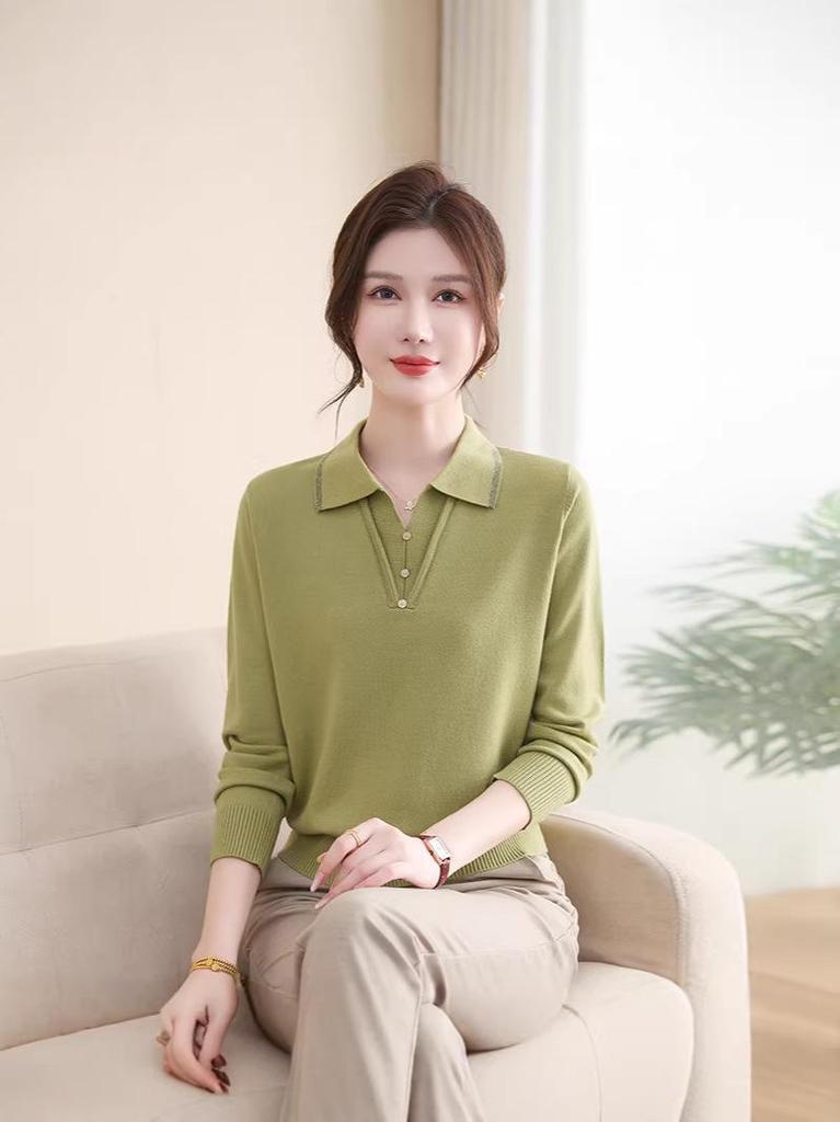 Mom's Autumn Knit Top - New 2026 Style for Middle-Aged & Elderly Women, Spring/Autumn Fashion Lapel Base Layer Shirt
