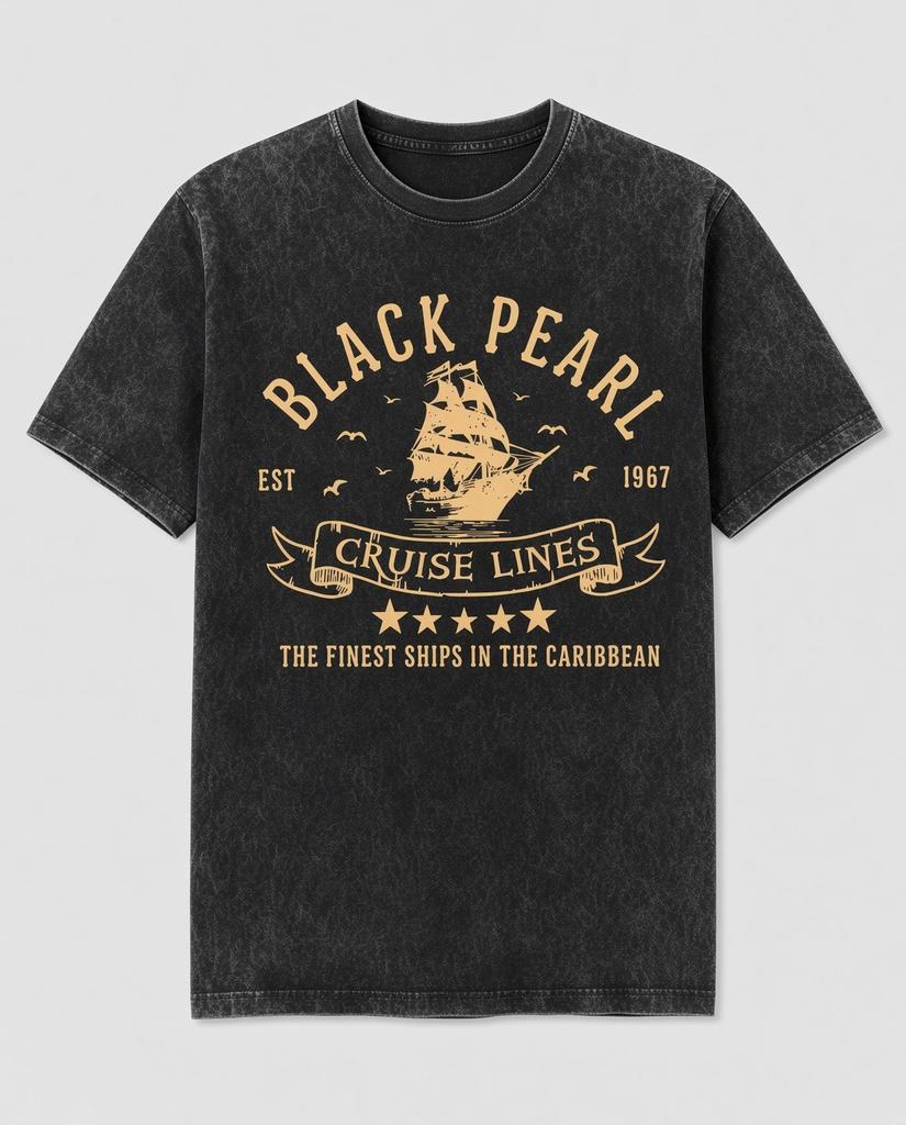 Black Pearl Cruise Lines Pirate Ship Acid Wash Black T-Shirt Graphic Tee