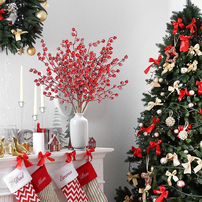 1Pc Christmas Decoration White Snow Red Berries Stems Artificial Bouquet Xmas Tree Ornament Home Decor New Year 2025 Accessories