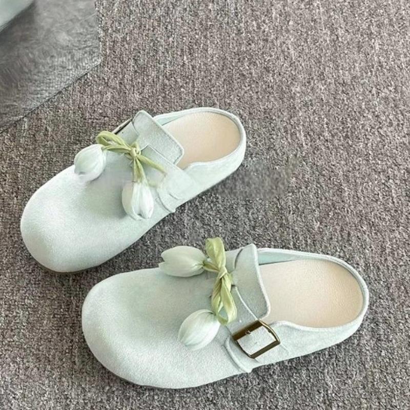 Fashion Women's Summer New Round Toe Deep Mouth Bow Flower Non-slip Wear-resistant Flats Platform Baotou Half Slippers