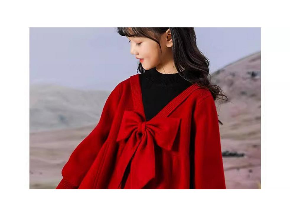 Girls' Red Faux Two-Piece Knitted Dress, 2025 Style, Autumn/Winter Fashion for Big Girls
