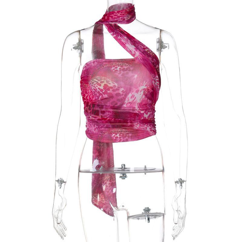 

European and American Ins Style Women clothes Summer New Leopard Print Print off-Neck Pleat Slim fit Ribbon Vest Top Women Rose Red S