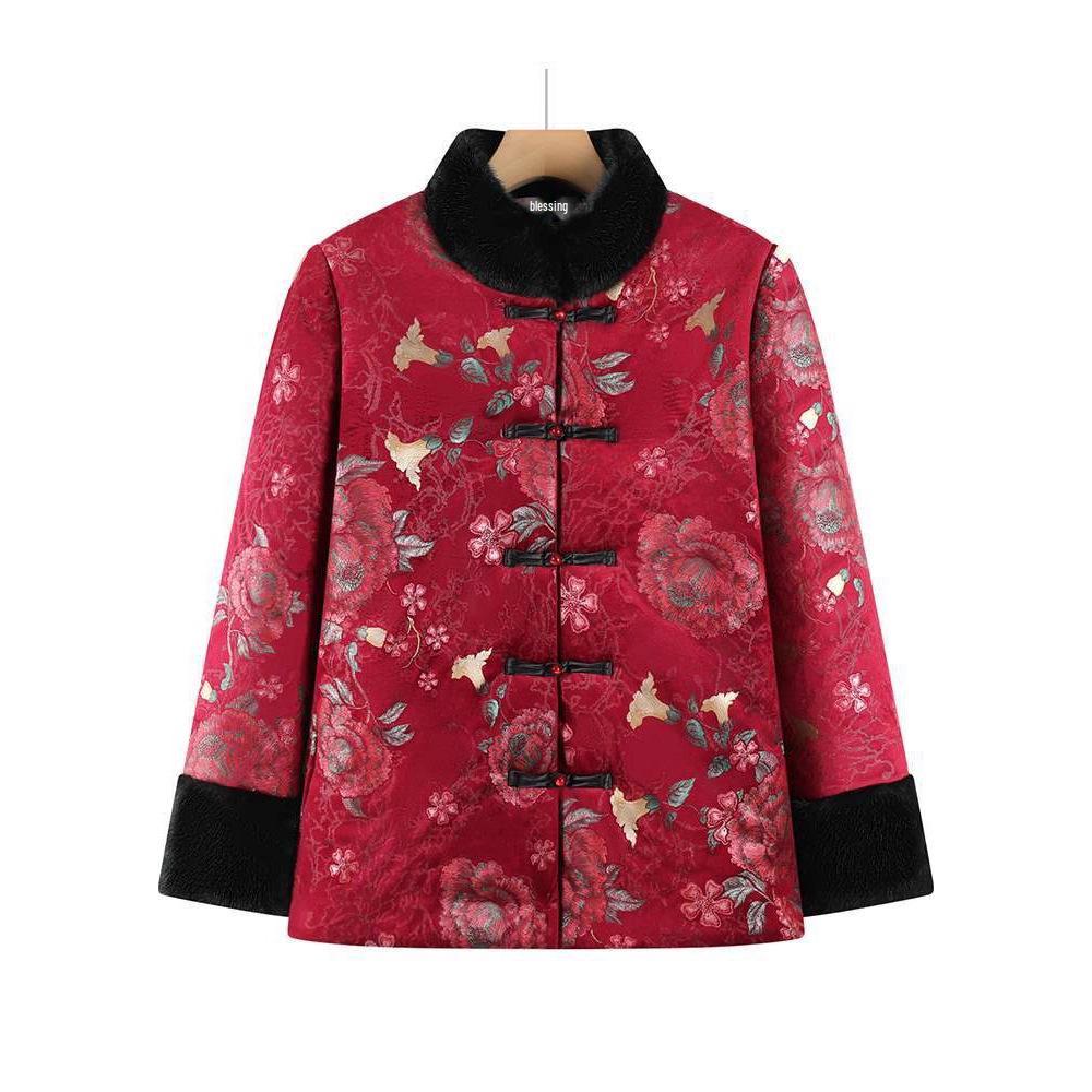 Winter Cotton Jacket for Elderly Women, Plus Velvet Thickened, Chinese Style, Ideal for Women Aged 70-80.
