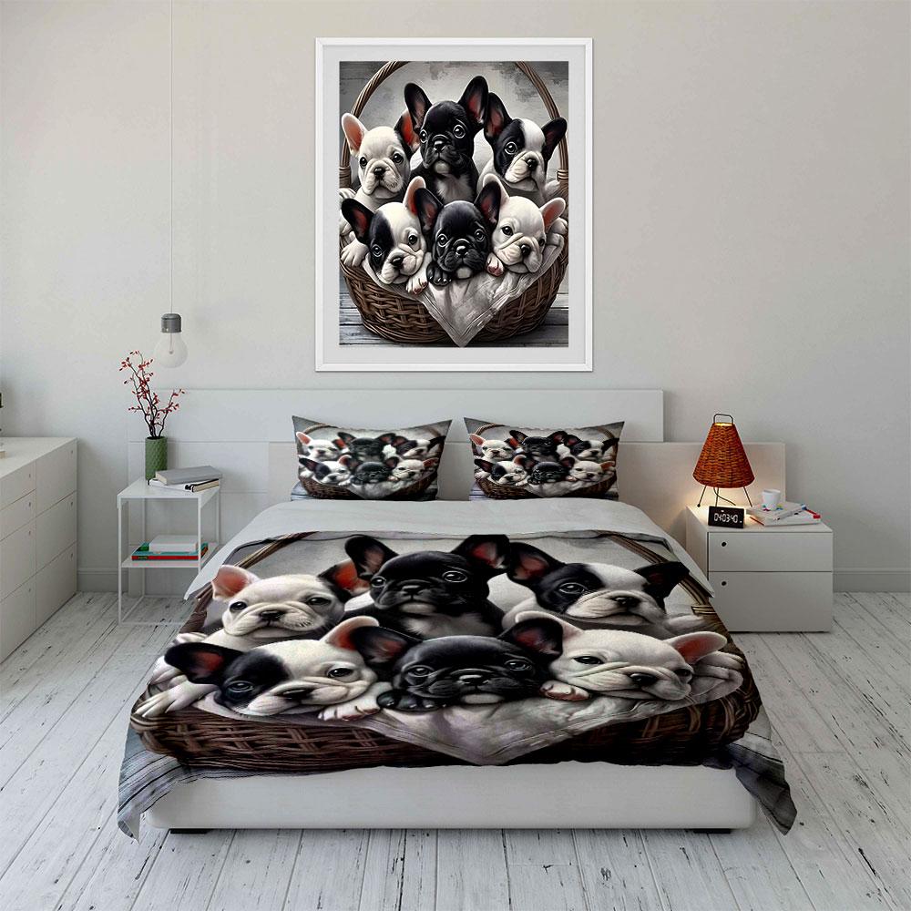 French Bulldog Puppies Basket Bedding Duvet Cover Set (1*Duvet Cover 2*Pillowcases, without duvet insert)