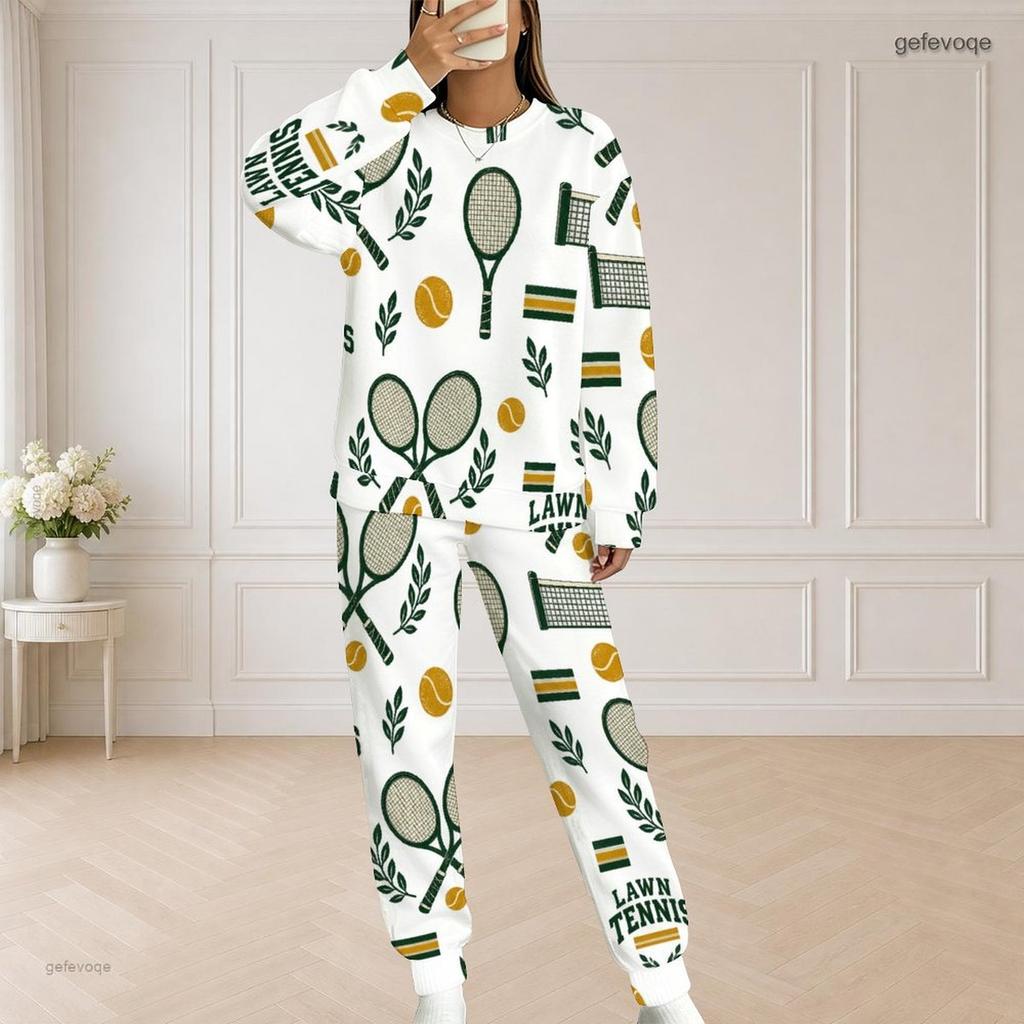 Women Plus Size White Hockey Printed Round Neck Long Sleeve Top And Pants Two Piece Set